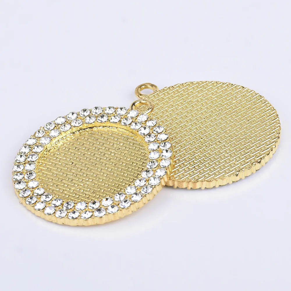 25mm Zinc alloy Double Rhinestones Blank Bezel pendant Trays base round pendant setting plated gold 10pcs