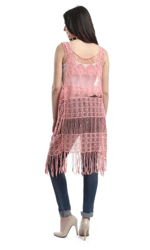 48476 Fringes Crochet Solid Vest - Pink