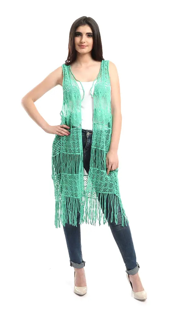 48478 Fringes Crochet Solid Vest - Light Green