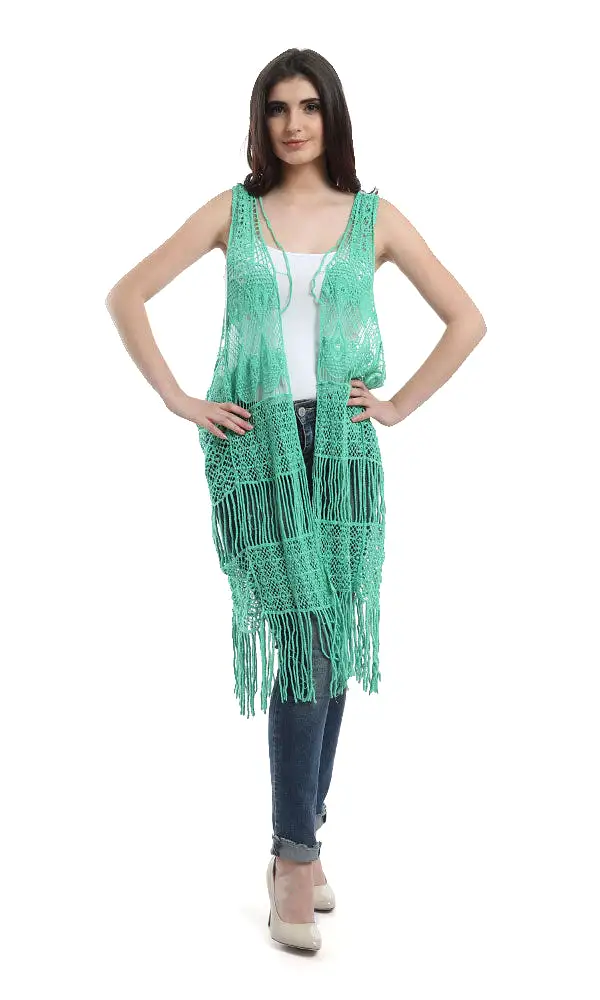 48478 Fringes Crochet Solid Vest - Light Green