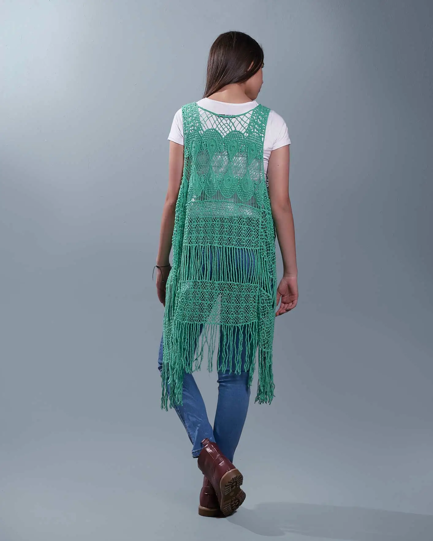 48478 Fringes Crochet Solid Vest - Light Green