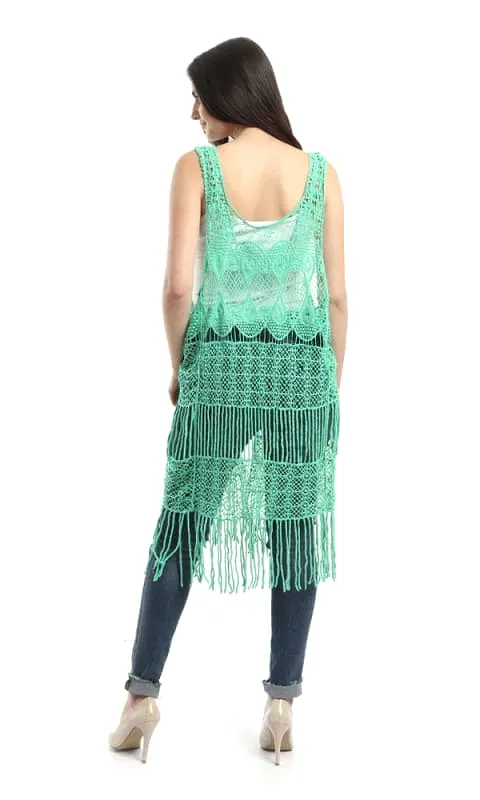 48478 Fringes Crochet Solid Vest - Light Green