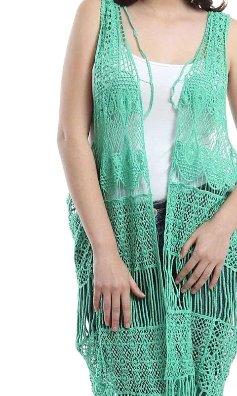 48478 Fringes Crochet Solid Vest - Light Green