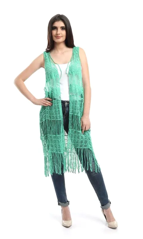 48478 Fringes Crochet Solid Vest - Light Green