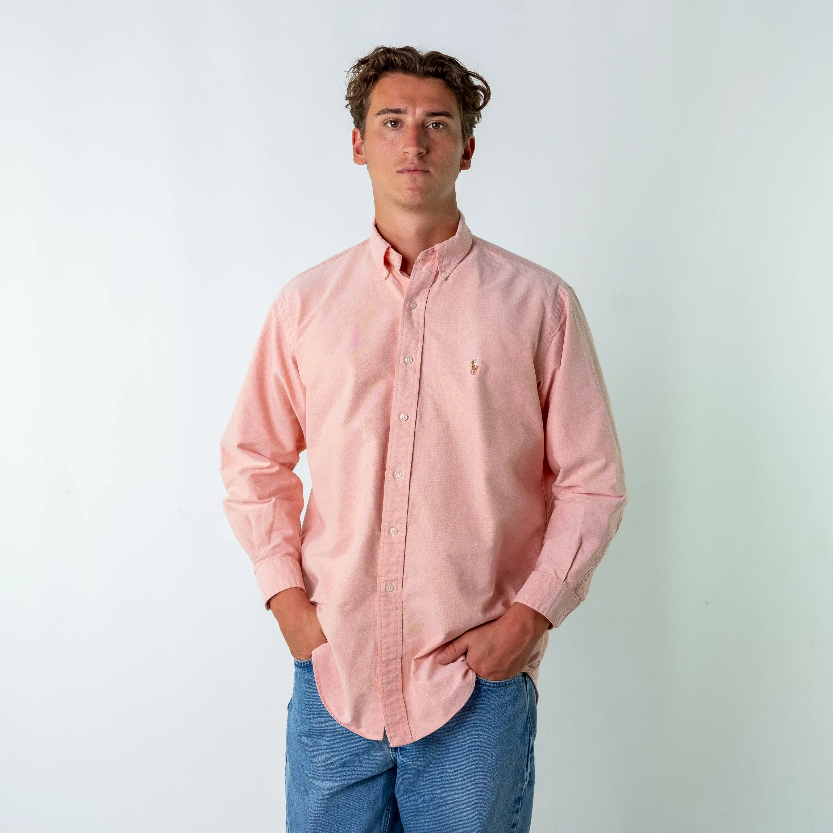 Baby Pink 90s Polo Ralph Lauren Yarmouth Longsleeve Casual Shirt (L)