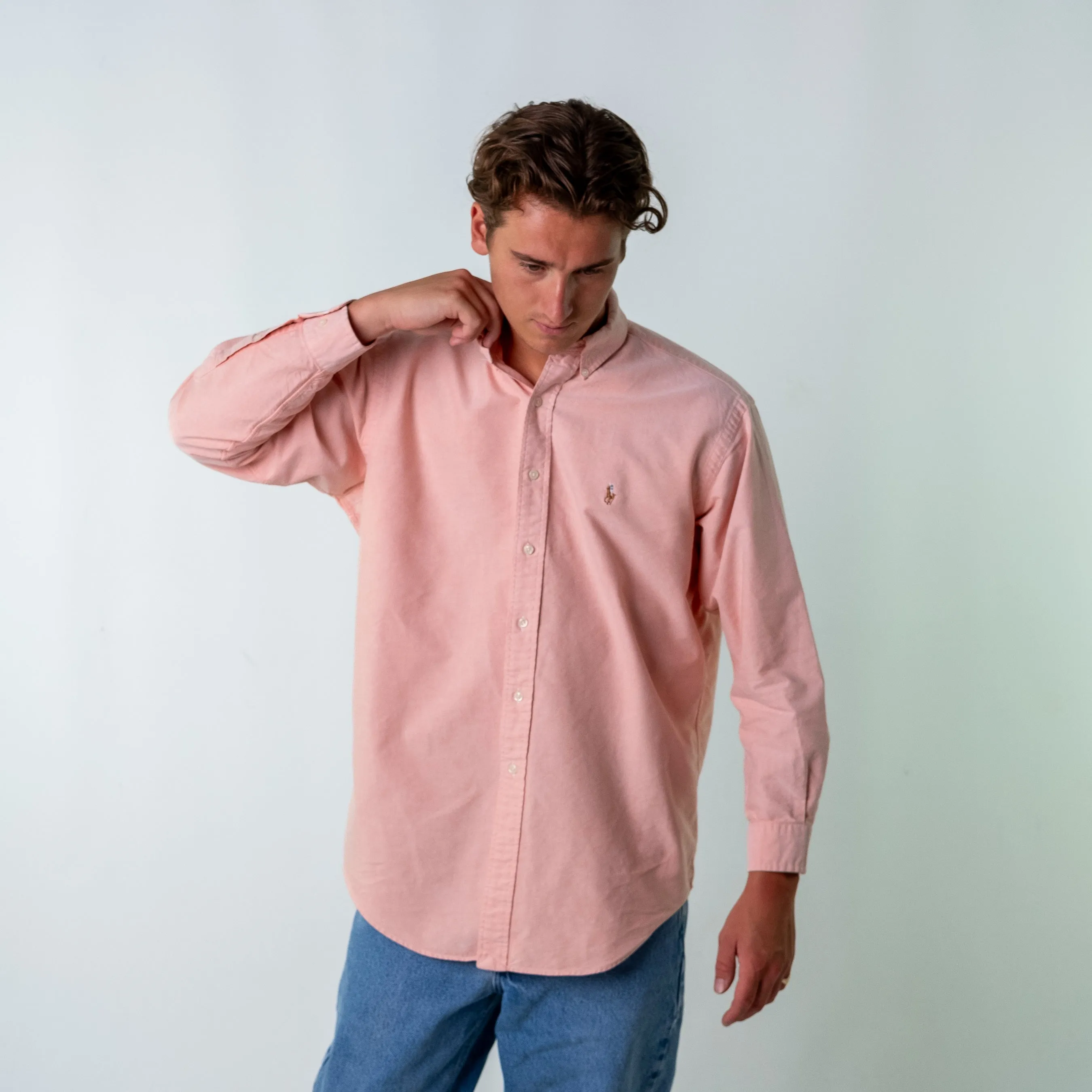 Baby Pink 90s Polo Ralph Lauren Yarmouth Longsleeve Casual Shirt (L)