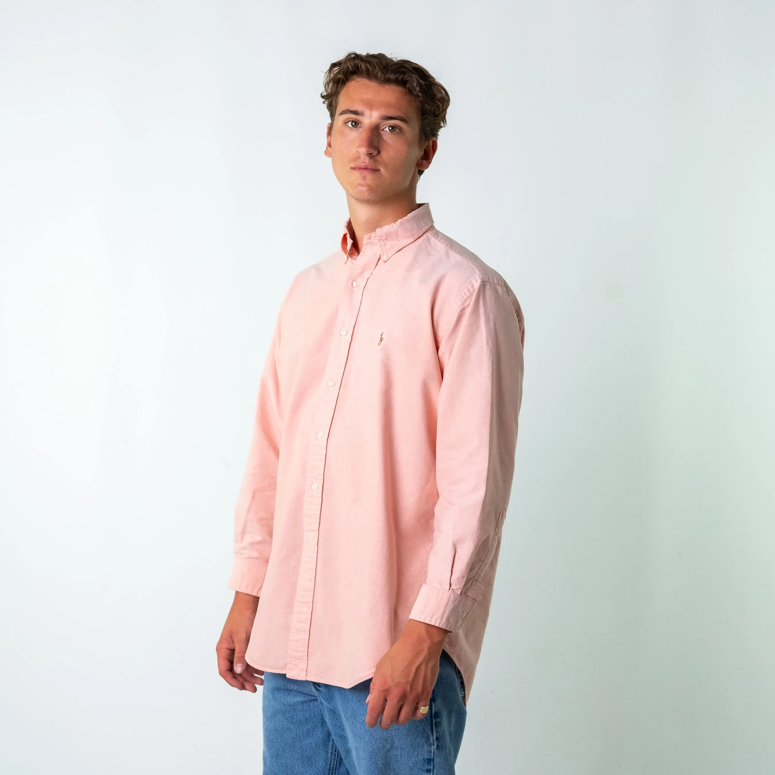 Baby Pink 90s Polo Ralph Lauren Yarmouth Longsleeve Casual Shirt (L)