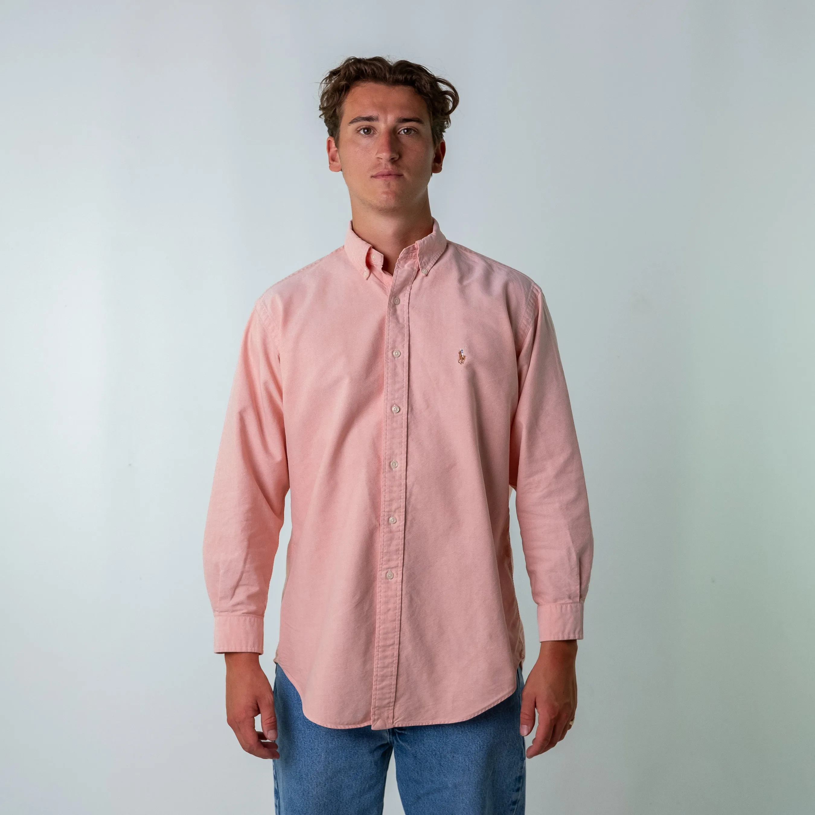 Baby Pink 90s Polo Ralph Lauren Yarmouth Longsleeve Casual Shirt (L)