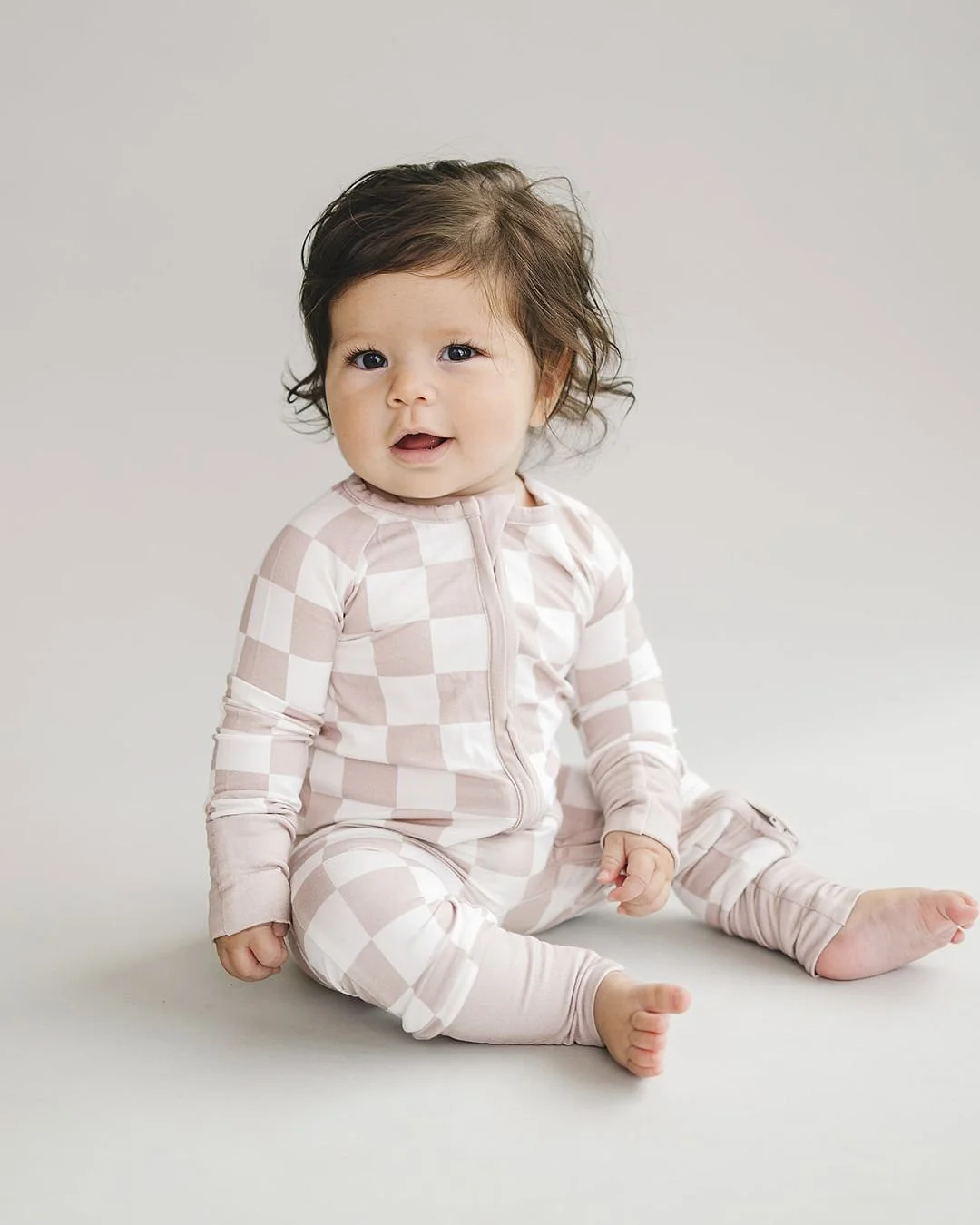 Bamboo Zip Romper | Latte Checkered