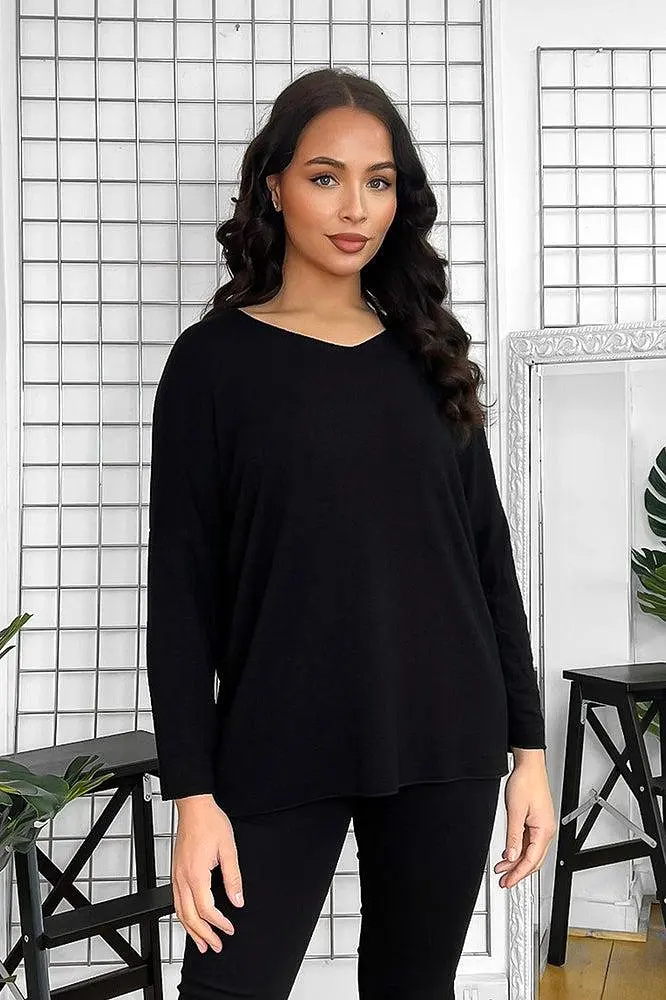 Black Fine Knit Wool Blend V-Neck Pullover