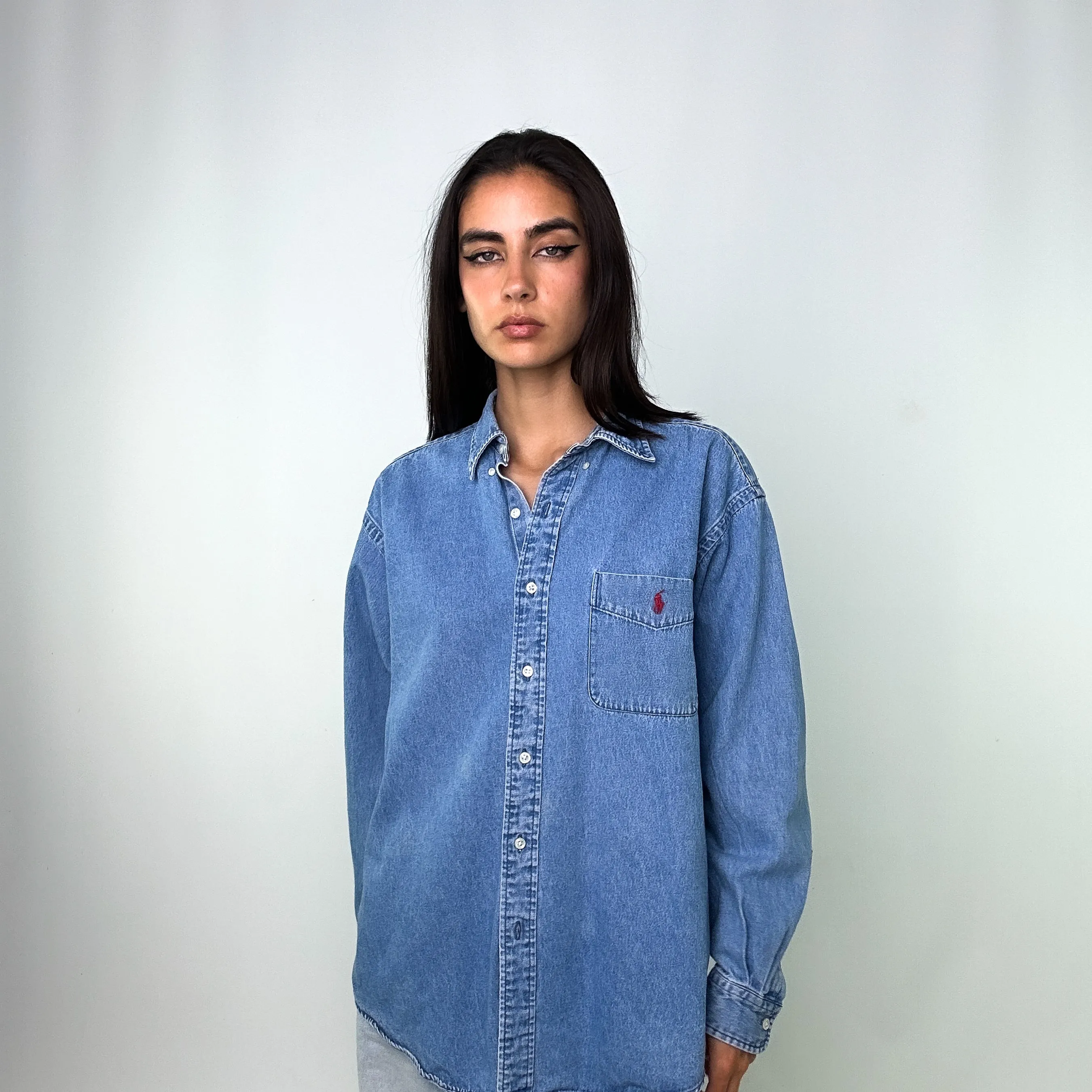 Blue 90s Polo Ralph Lauren Big Shirt Longsleeve Casual Shirt (M)