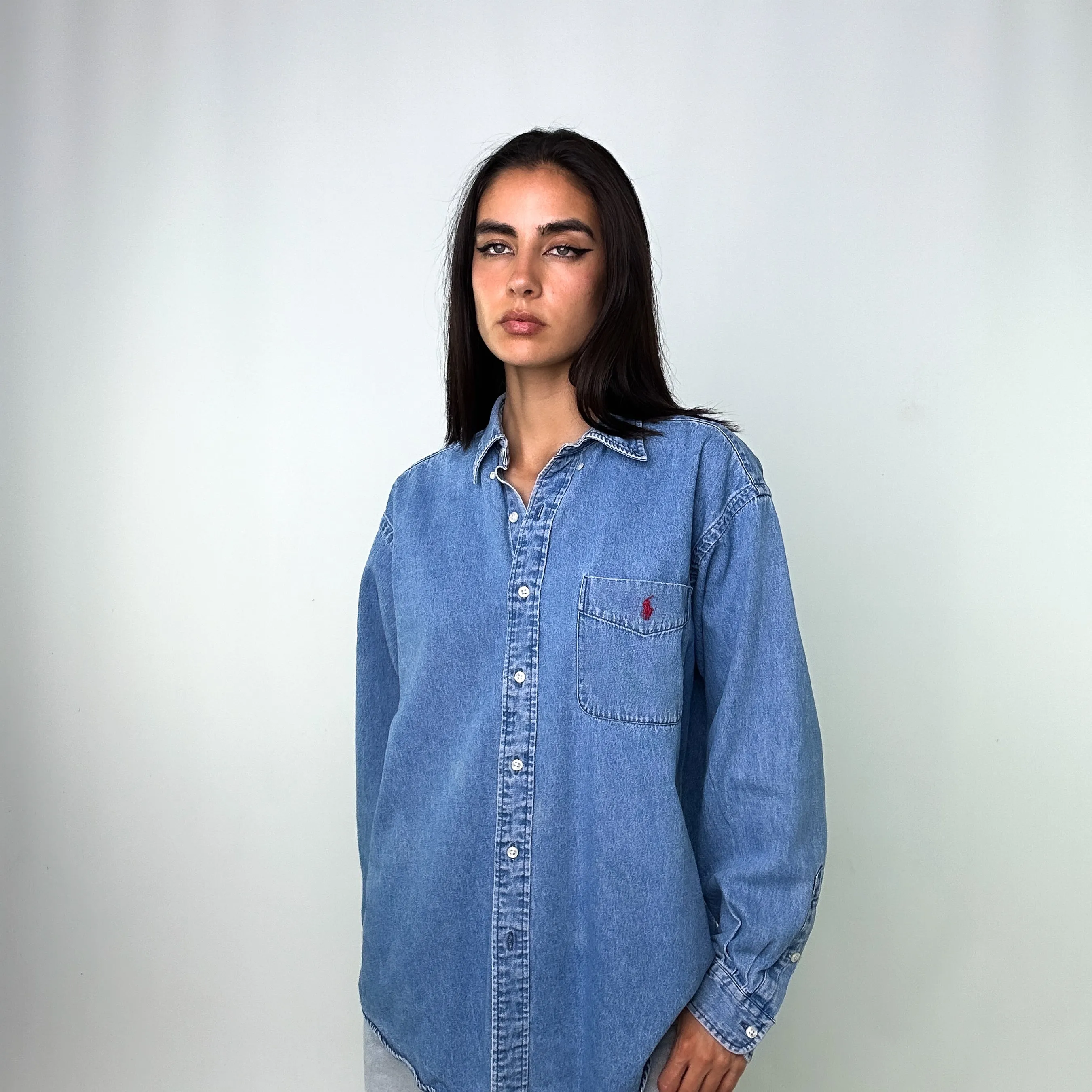 Blue 90s Polo Ralph Lauren Big Shirt Longsleeve Casual Shirt (M)