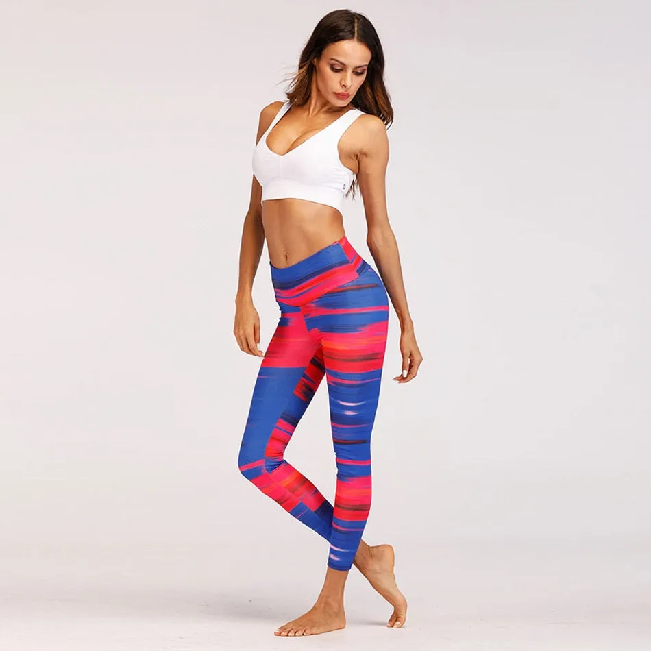 Blue&Red Digital Print yoga pants High waist Contrast color athletic leggings big booty sexy yoga legging running tight