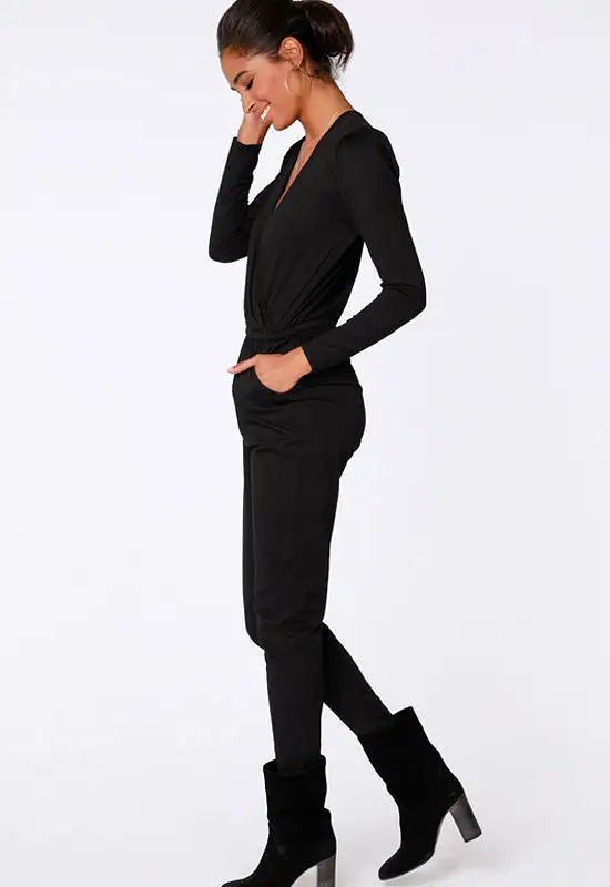 Bobi - Shirred Sleeve Surplice Jumpsuit Black