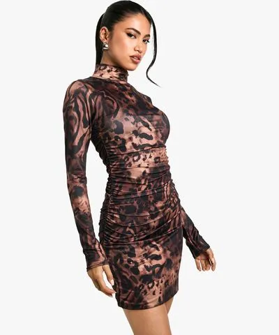 boohoo Womens Ruched Slinky High Neck Leopard Mini Dress