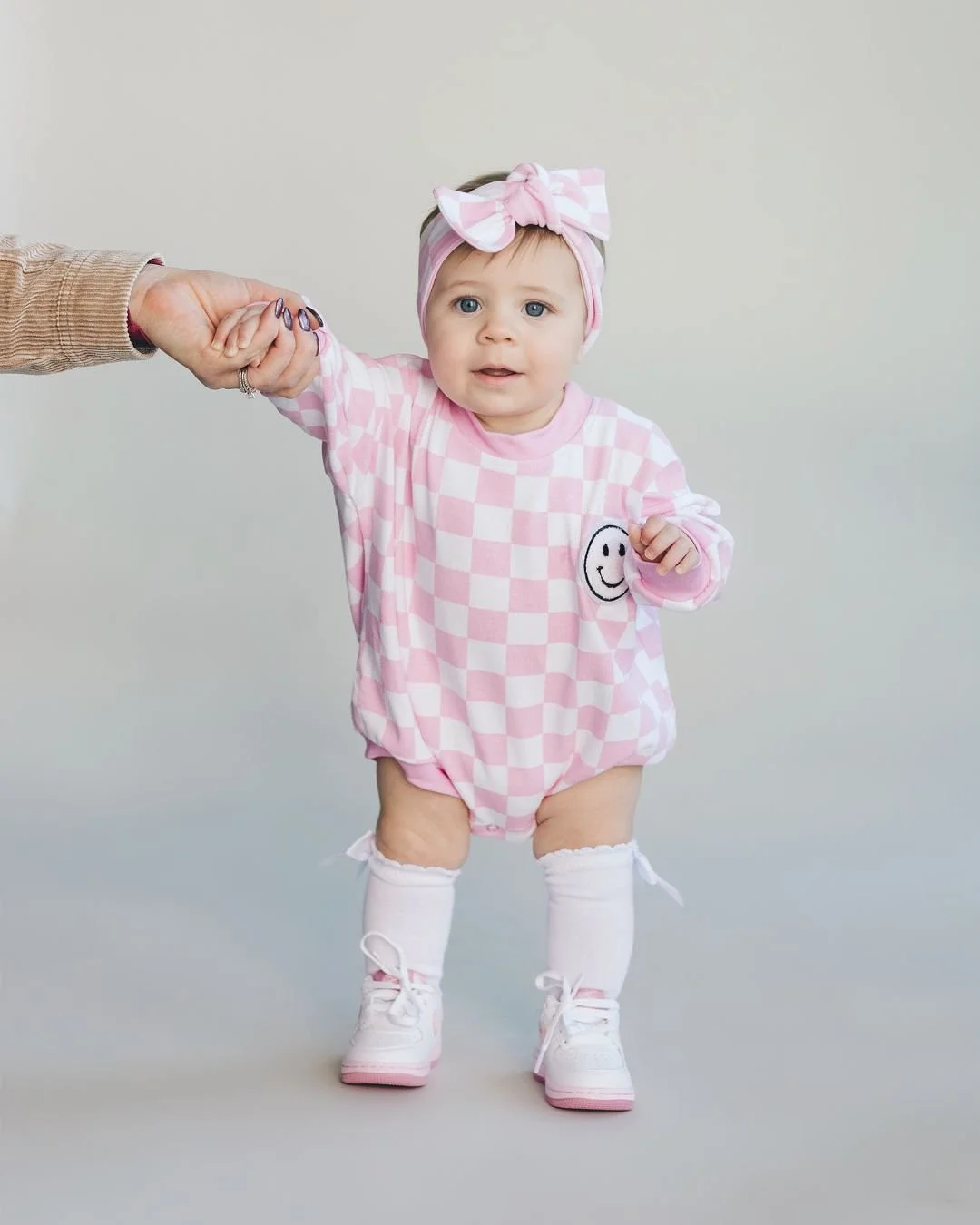 Bubble Romper | Checkered Smiley Pink