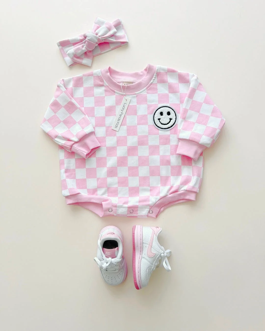 Bubble Romper | Checkered Smiley Pink