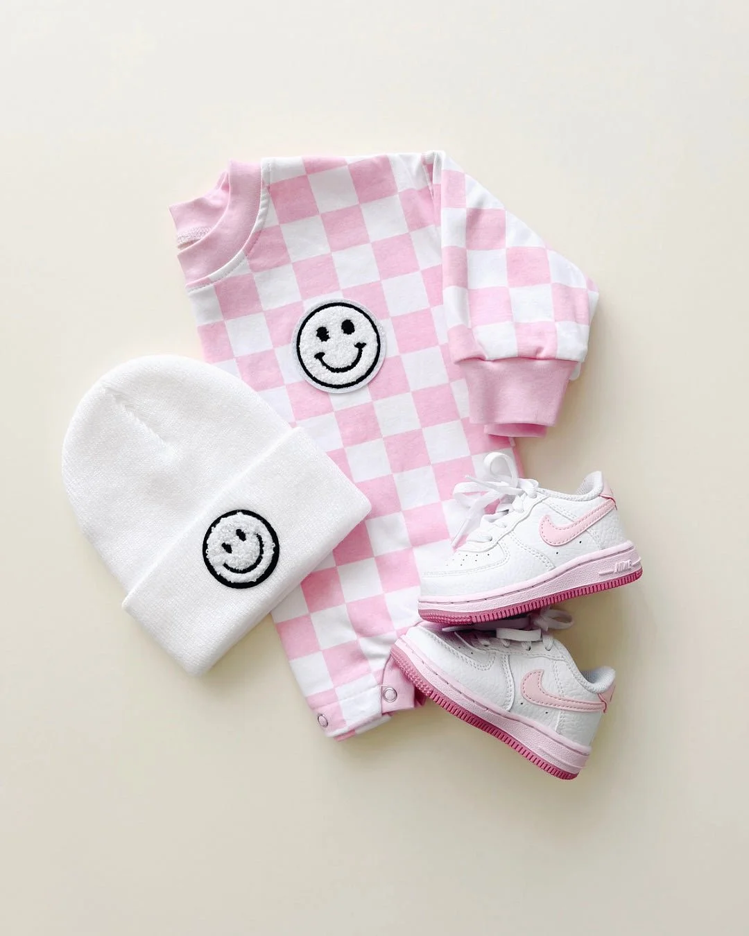 Bubble Romper | Checkered Smiley Pink