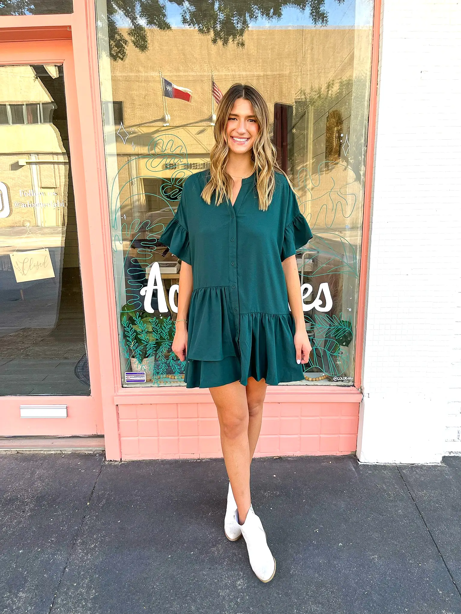 Button Down Tiered Mini Dress - Hunter Green