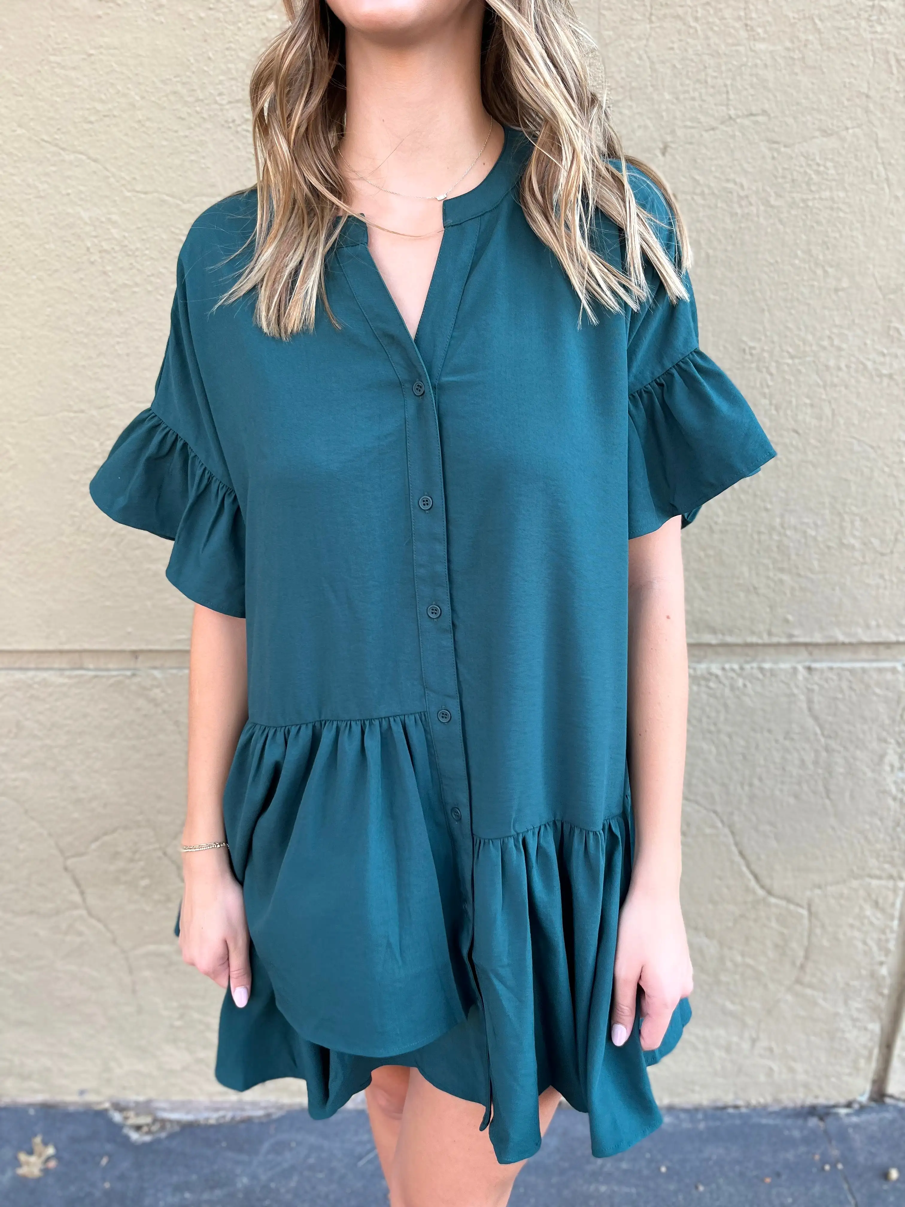 Button Down Tiered Mini Dress - Hunter Green