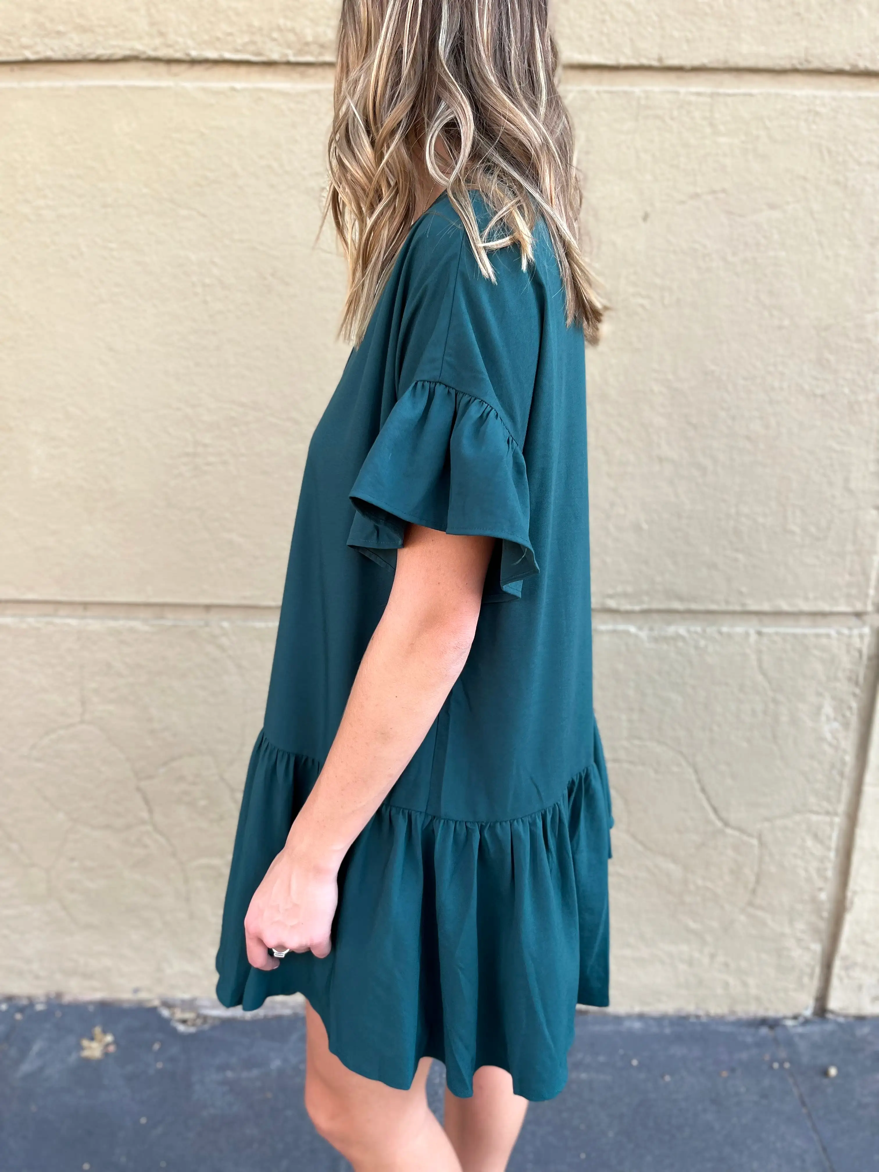 Button Down Tiered Mini Dress - Hunter Green