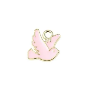 Charms, Birds, Dove, Single-Sided, Pink, Enameled, Golden Alloy, 10mm