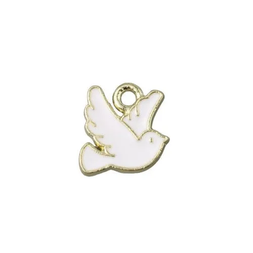 Charms, Birds, Dove, Single-Sided, White, Enameled, Golden Alloy, 10mm