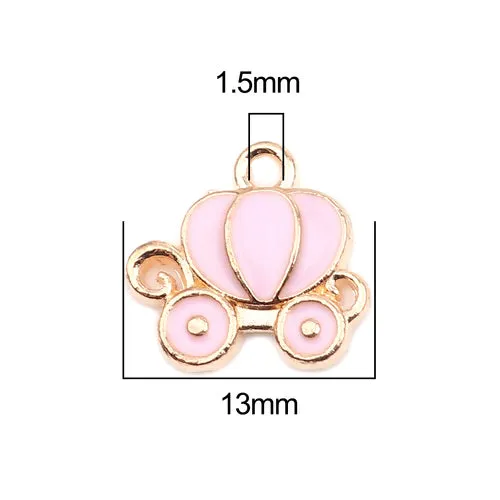 Charms, Cinderella Carriage, Single-Sided, Light Pink, Enameled, Golden, Alloy, 13mm