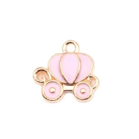 Charms, Cinderella Carriage, Single-Sided, Light Pink, Enameled, Golden, Alloy, 13mm