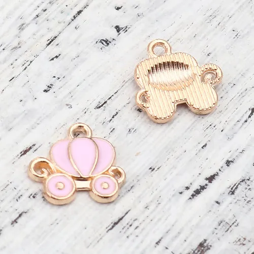 Charms, Cinderella Carriage, Single-Sided, Light Pink, Enameled, Golden, Alloy, 13mm