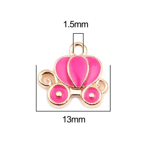 Charms, Cinderella Carriage, Single-Sided, Pink, Enameled, Golden, Alloy, 13mm