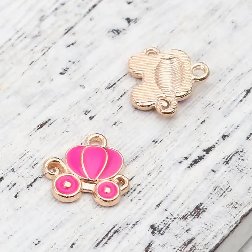 Charms, Cinderella Carriage, Single-Sided, Pink, Enameled, Golden, Alloy, 13mm