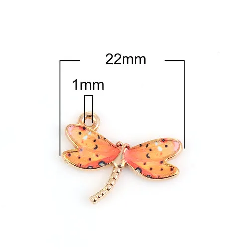 Charms, Dragonfly, Single-Sided, Golden, Yellow, Orange, Enameled, Alloy, 22mm