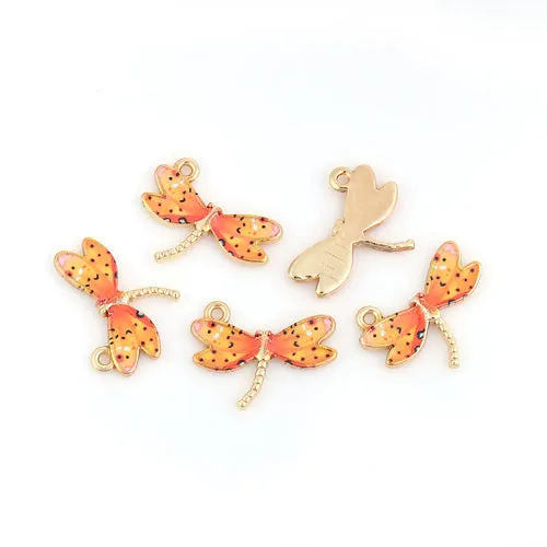 Charms, Dragonfly, Single-Sided, Golden, Yellow, Orange, Enameled, Alloy, 22mm