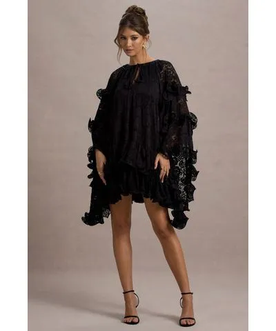 Club L London - USA Arlington | Black Lace Cape-Sleeve Mini Dress