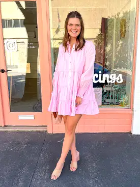 Collared Button Down Mini Dress- Pink