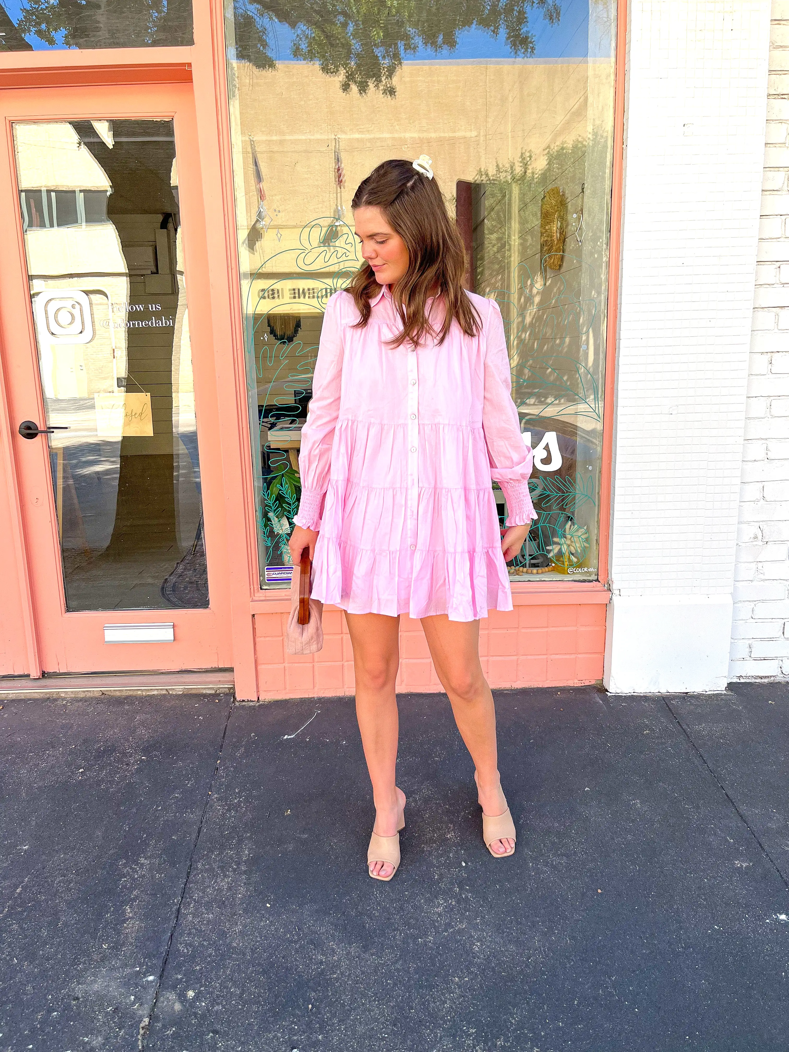 Collared Button Down Mini Dress- Pink