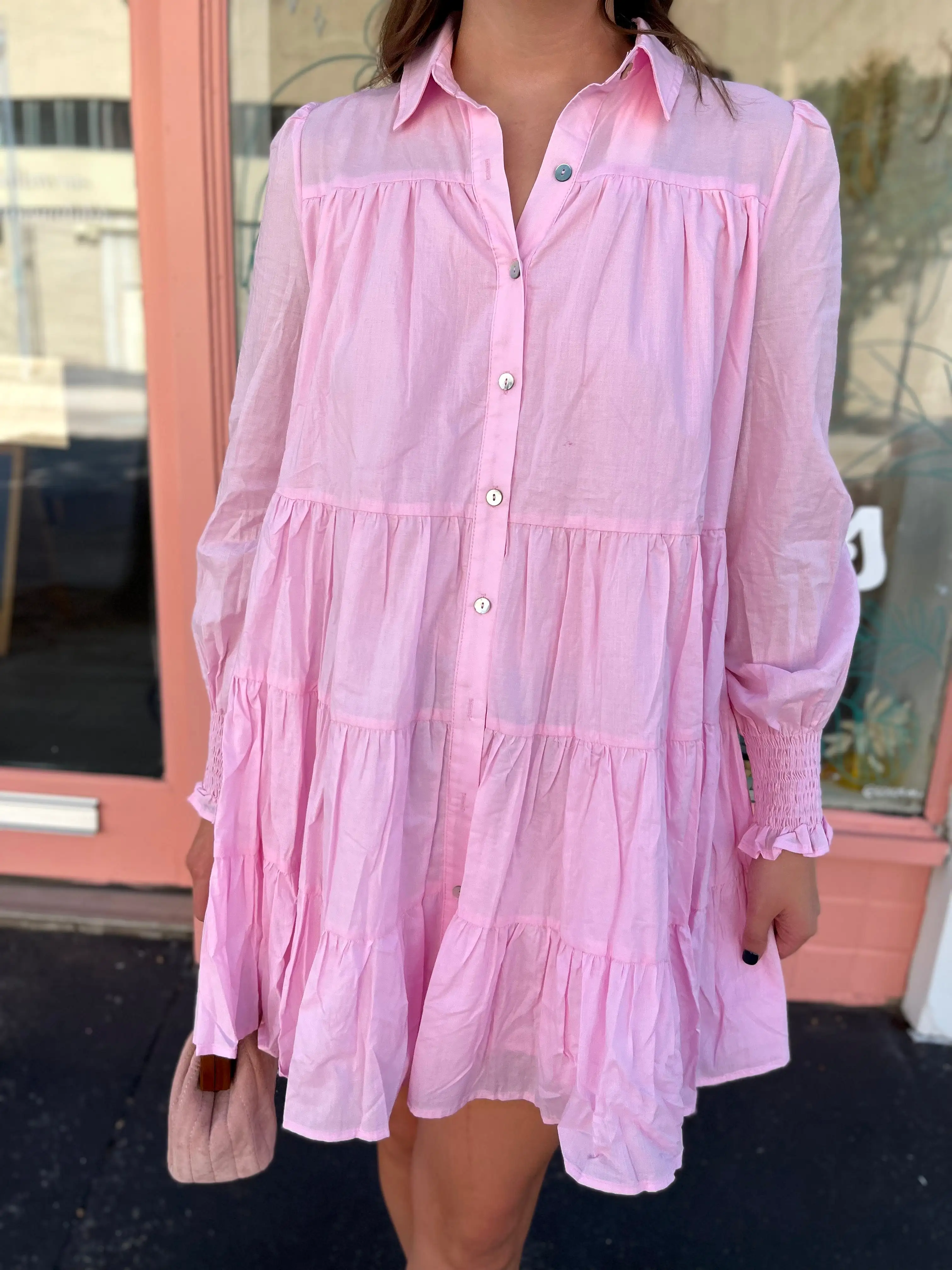 Collared Button Down Mini Dress- Pink