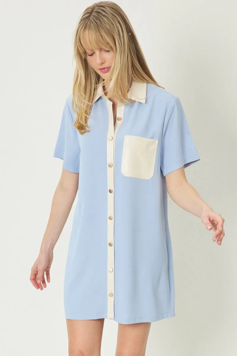 COLLARED BUTTON UP MINI DRESS- BLUE