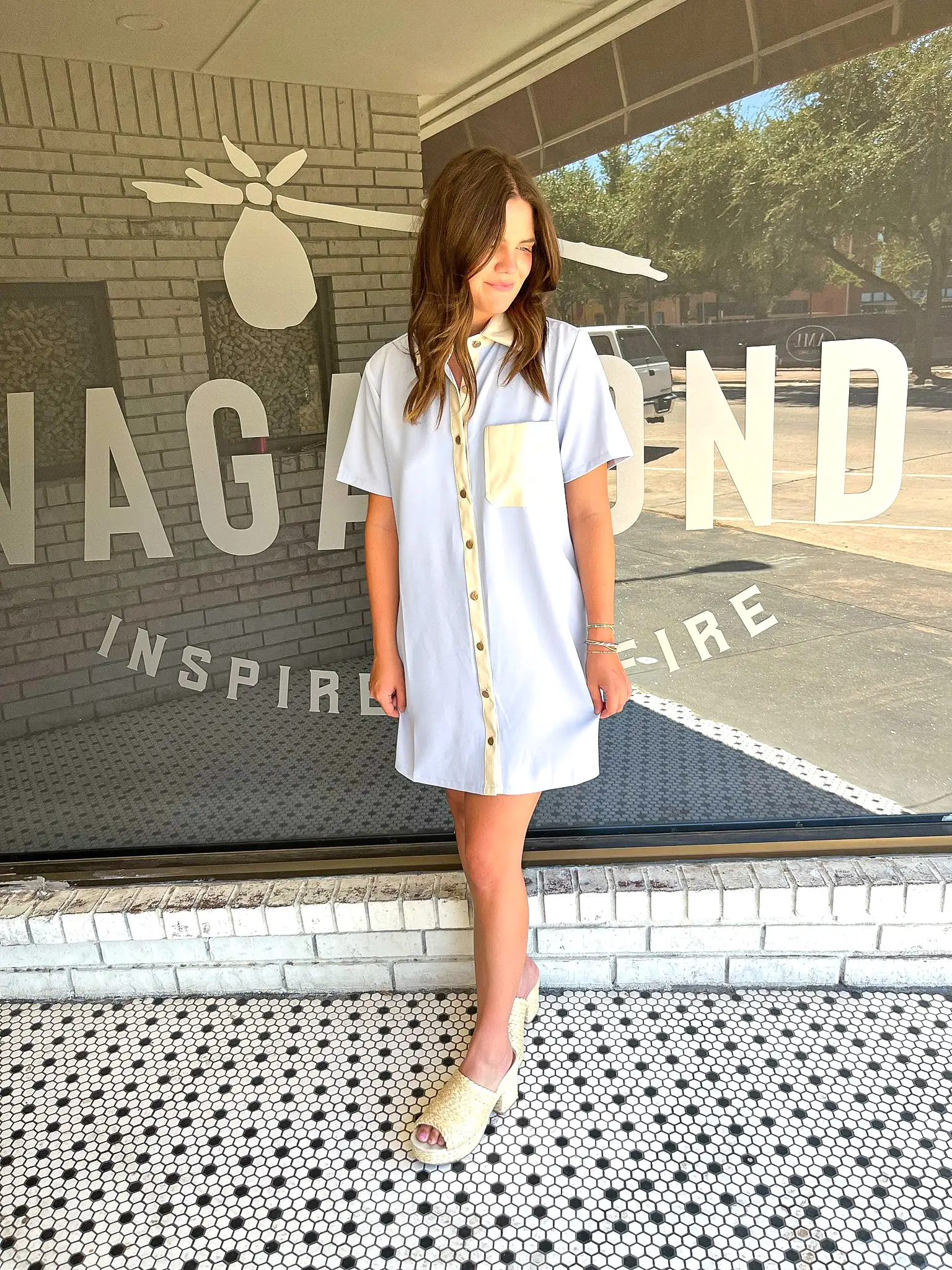 COLLARED BUTTON UP MINI DRESS- BLUE