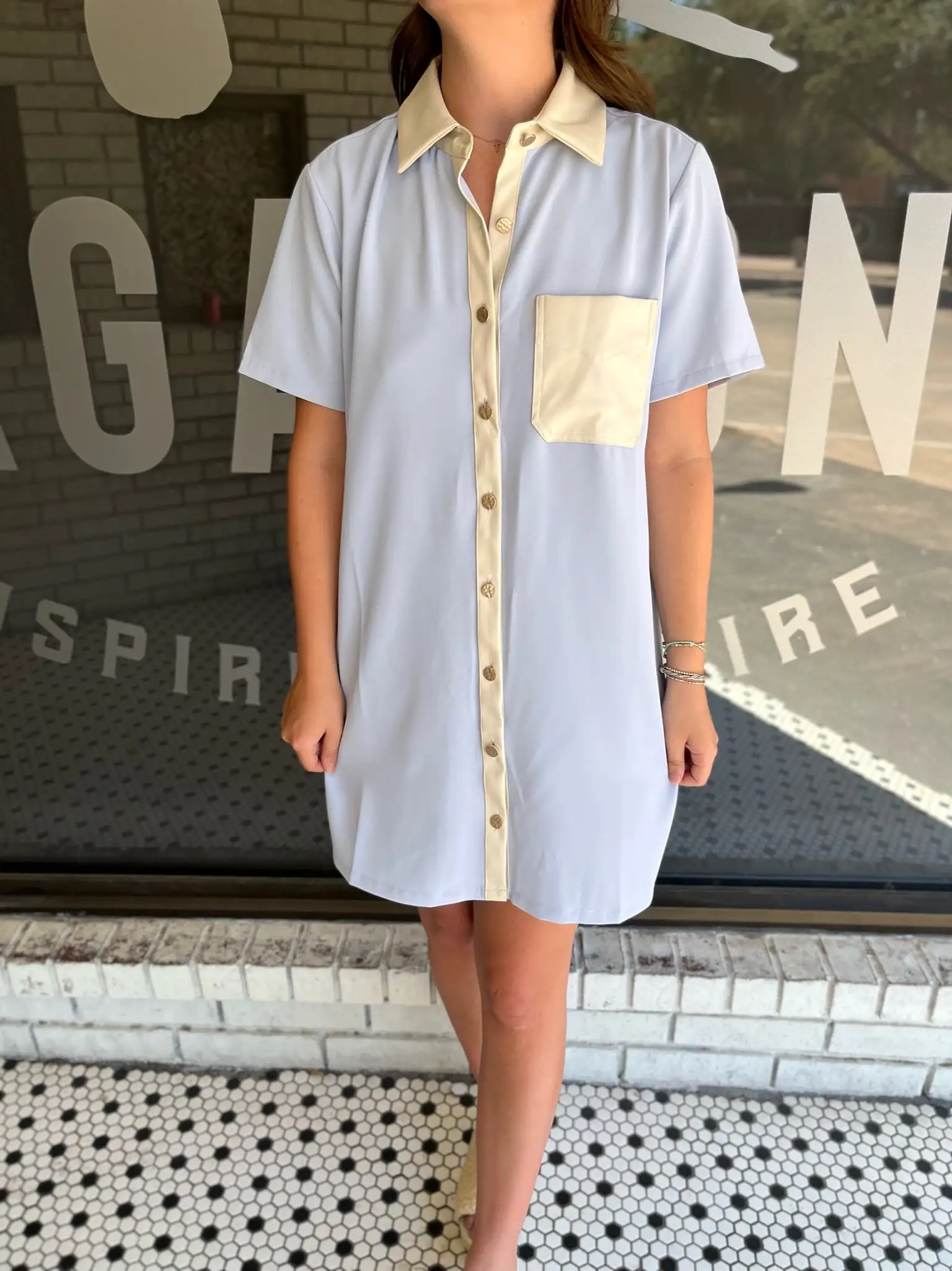 COLLARED BUTTON UP MINI DRESS- BLUE