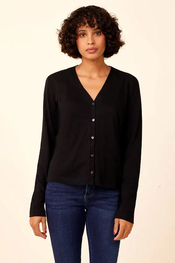 Cotton Cashmere Long Sleeve V-Neck Cardigan in Noir