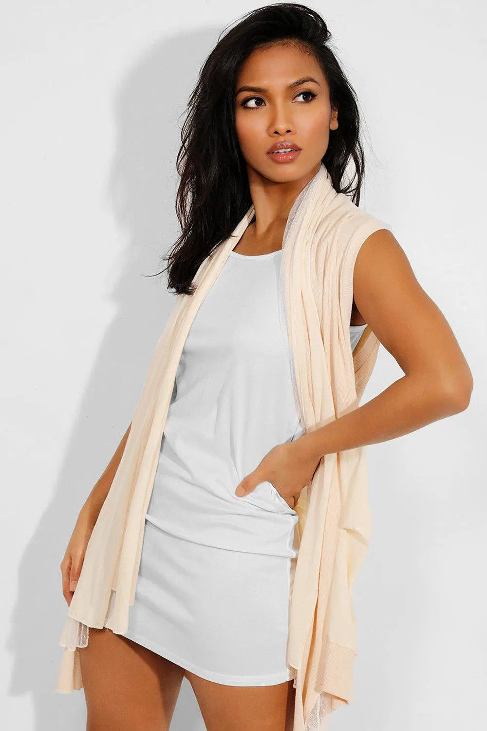 Cream Dobby Mesh Insert Open Front Ribbed Cardigan