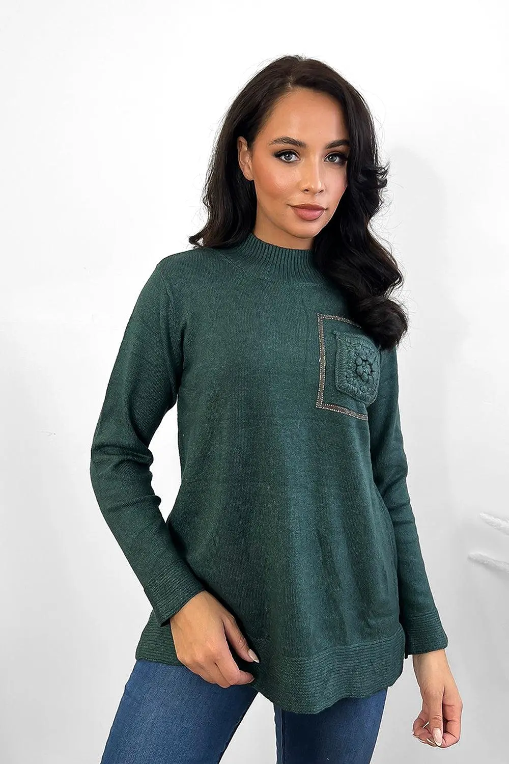 Dark Green High Neck Front Pocket Pullover