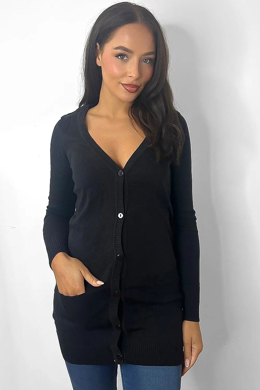 Deep V-Neck Longline Cardigan WIth Pockets