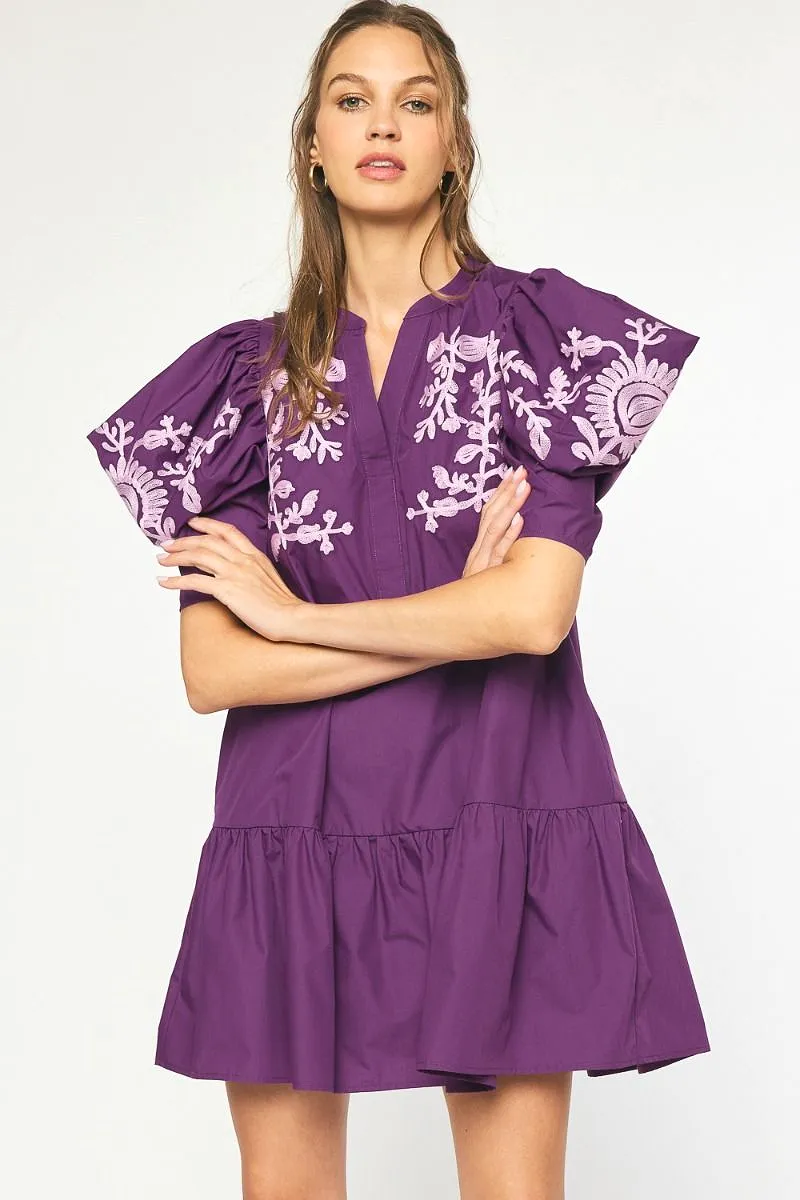 Floral Embroidered V-Neck Mini Dress-Violet