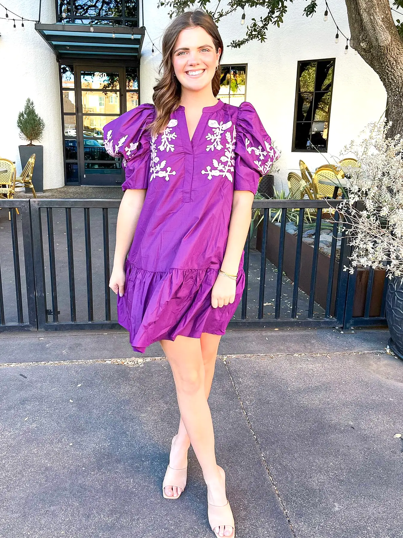 Floral Embroidered V-Neck Mini Dress-Violet