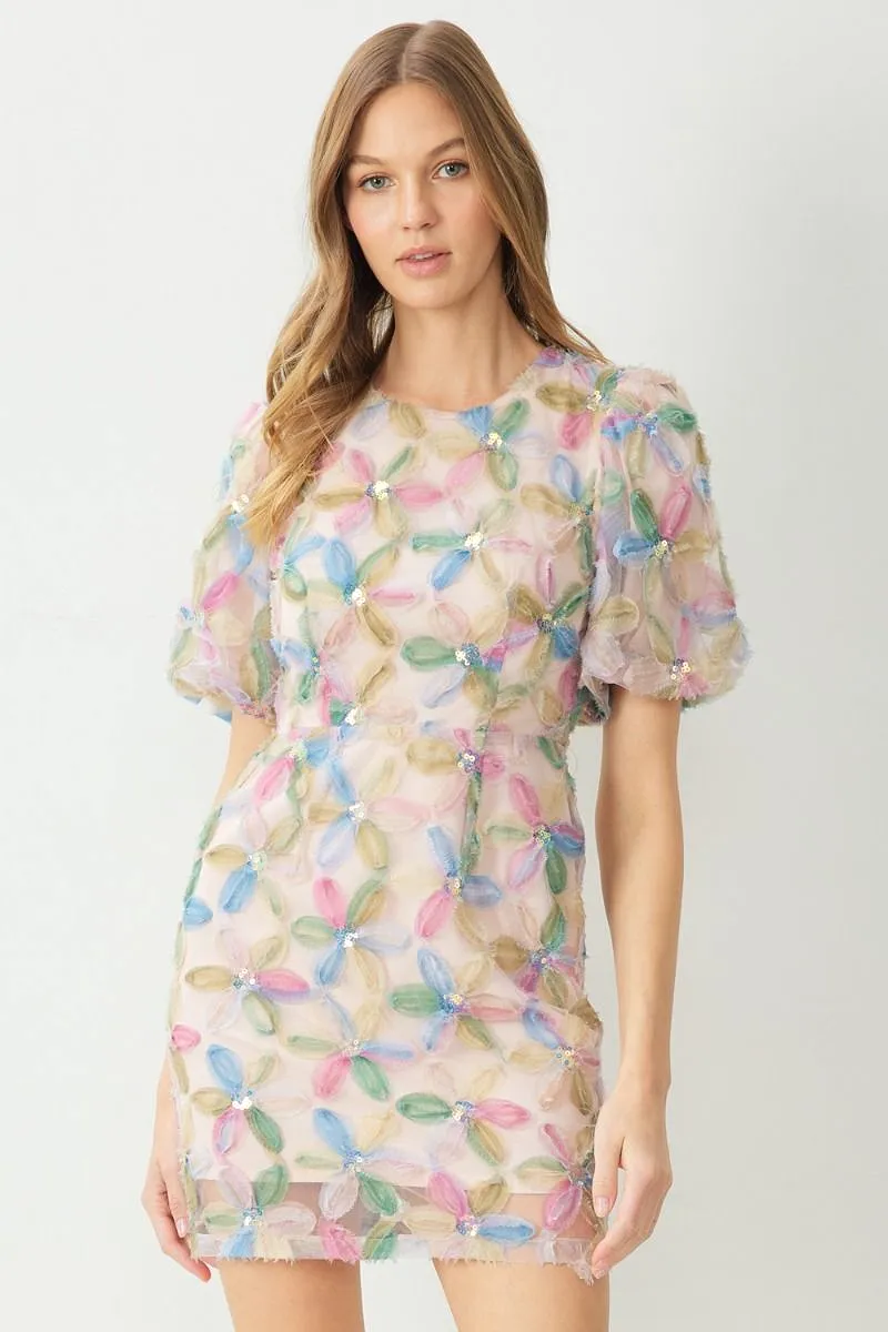 Floral Jacquard Bubble Sleeve Mini Dress