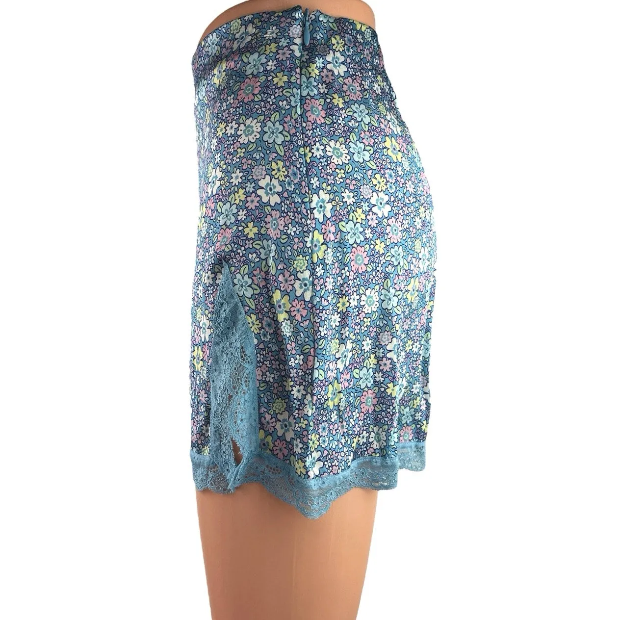 Frankies Bikinis Blue Lace Silk Satin Floral Print Mini Casual Pencil Skirt XS