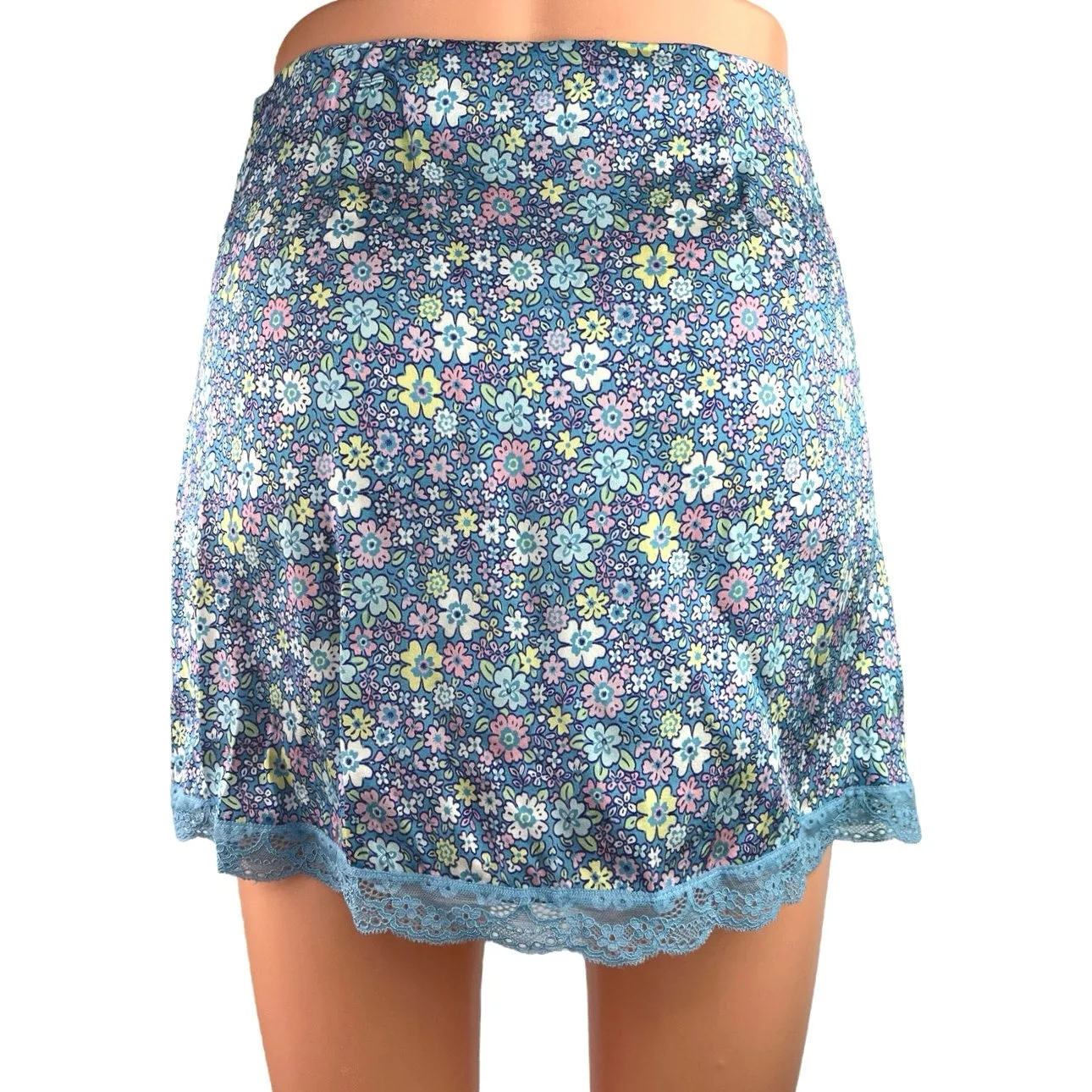 Frankies Bikinis Blue Lace Silk Satin Floral Print Mini Casual Pencil Skirt XS